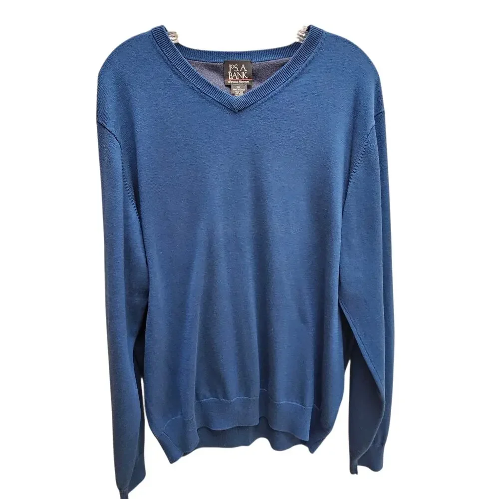 Jos.A. Bank Signature 100% Silk V-Neck Sweater Blue Size